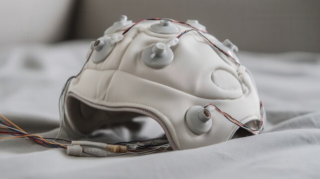 Rehabilitation headset with electrodes resting on linen, clinician preparing device for bedside neurorehab session, closeup of connectors and conductive gel traces, coiled wires and soft natural