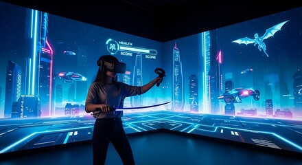 Fototapeta premium A woman wearing a virtual reality headset in a futuristic gaming room