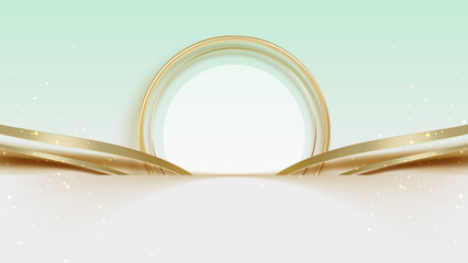 ミントグリーン背景に金の円形フレームと流れるリボンが上品に配置された高級感のあるラグジュアリー抽象背景素材 © 桜 花見
