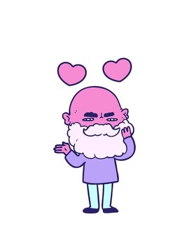 spinning hearts animation of cartoon man with beard frowning