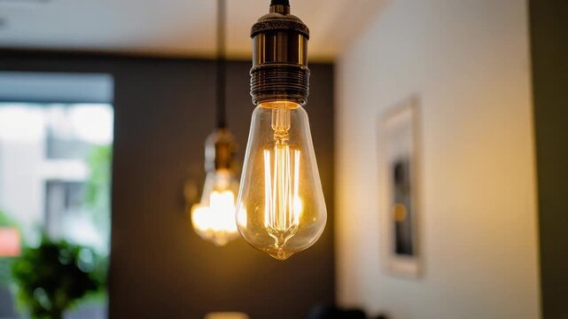 Warm glowing vintage light bulb hanging in cozy modern interior with blurred background