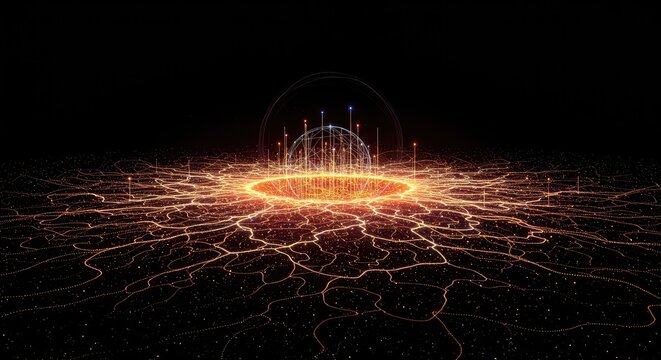 Abstract visualization of vast, interconnected systems showing complex patterns of influence, scale, growth, and expansive digital fields, analysis, potential, influence