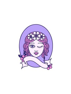 flashy sales animation of traditional tattoo with banner of a maiden with crown of flowers winking