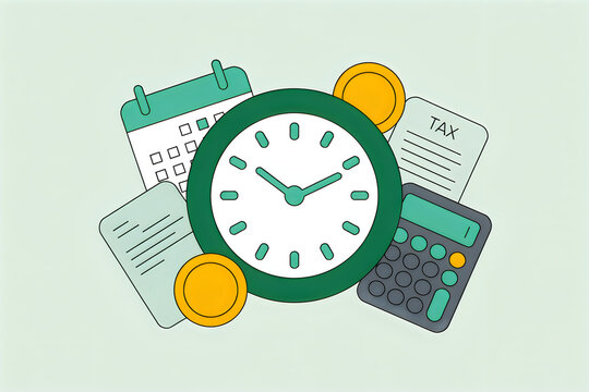 An illustration of a clock surrounded by business items like a tax form, calculator and calendar