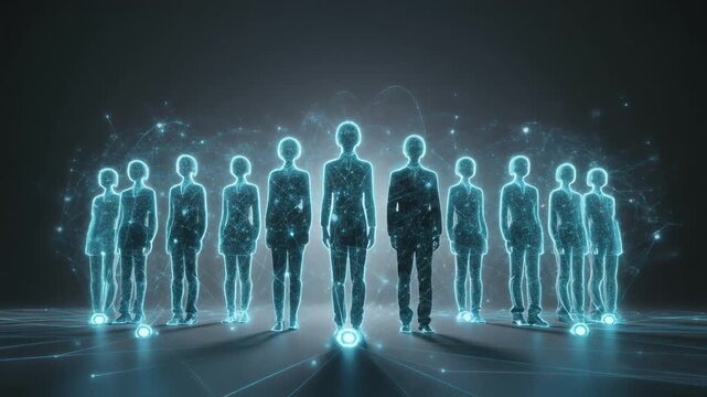 光り輝くネットワークへと変化していく人々のシルエット