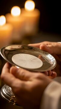 A christian man holding a paten with host for Holy Communion during a religious ceremony with blurred candles in the background. Vertical video