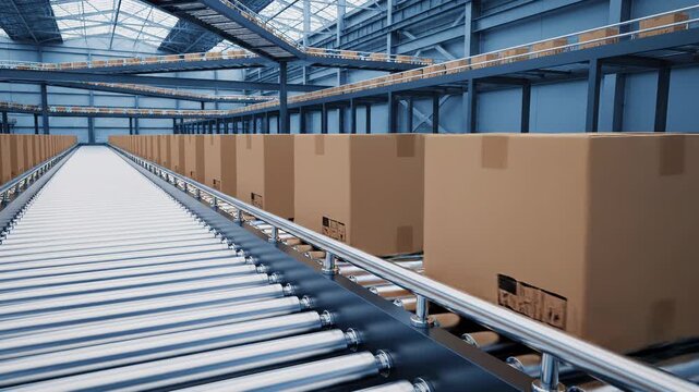 Busy warehouse conveyor belts transport large cardboard boxes.