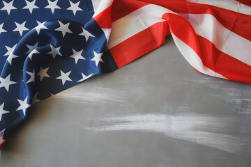 Naklejka premium American flag draped on a textured gray surface with copy space usa flag stars and stripes