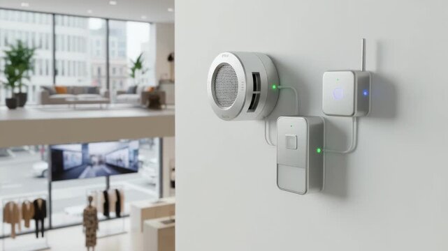 Sharp image of mixeduse building automation wireless sensors with an indistinct blur of retail and residential spaces in the background.