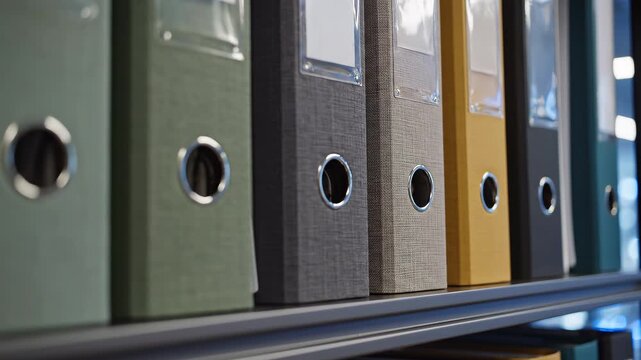 Colorful office binders in a row on shelf.