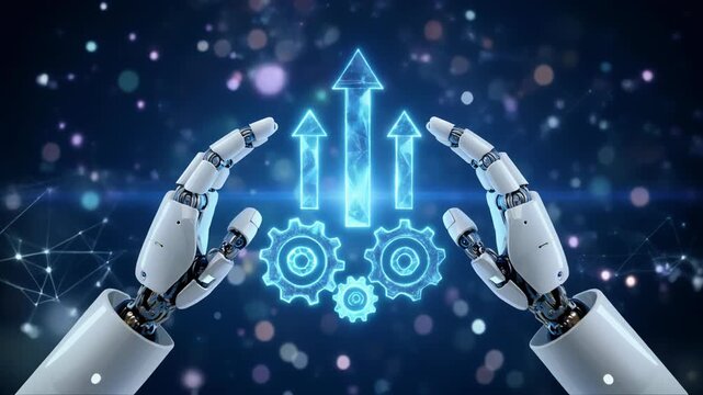 Robotic hands elevating technology with glowing arrows and gears.