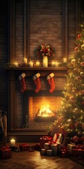 Fototapeta premium A festive Christmas tree beautifully decorated and lit up, standing in front of a warm and cozy fireplace. Perfect for creating a festive atmosphere and adding holiday spirit to any space.