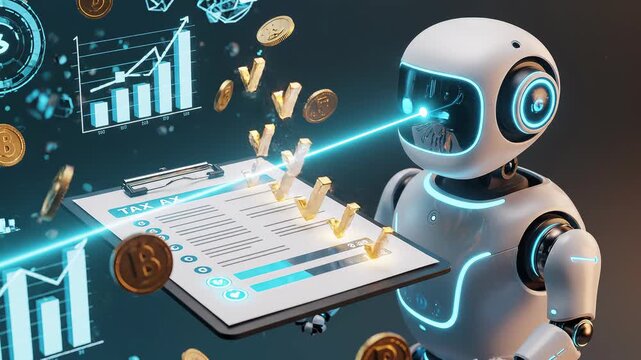 Futuristic robot analyzes digital dashboards with holographic charts.