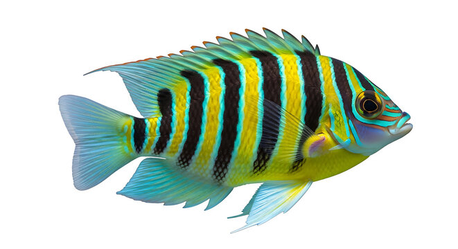 A vibrant fish with yellow, black, and blue stripes swimming in water