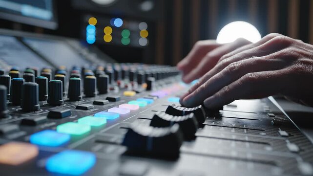 Close up hands adjusting audio mixer faders in studio.