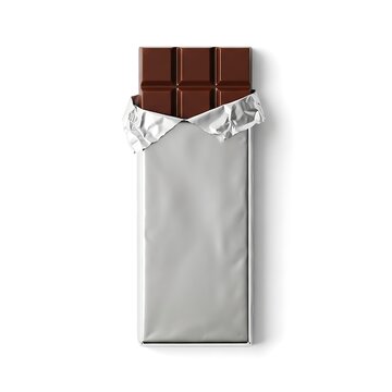 Chocolate bar partially unwrapped on white background