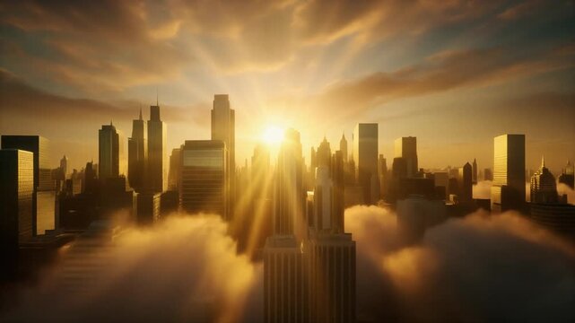 近代都市のスカイラインと柔らかい雲の間から現れるドラマチックな黄金の日の出