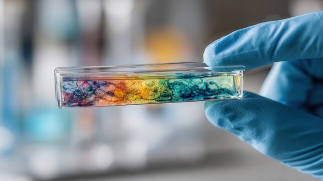 Closeup gloved hands holding microfluidic slide showing teal and cyan laminar flow patterns, precise channel mixing, laboratory bench environment, engineer monitoring controlled sample movement