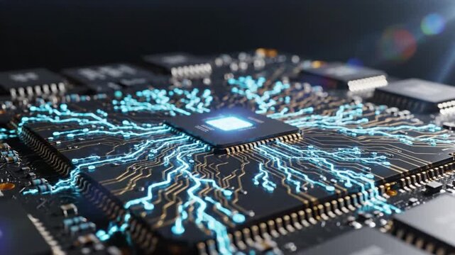 Macro view of a computer microchip processor with glowing blue electric energy pulses spreading through gold circuits. Concept of artificial intelligence, high-performance computing, and data processi