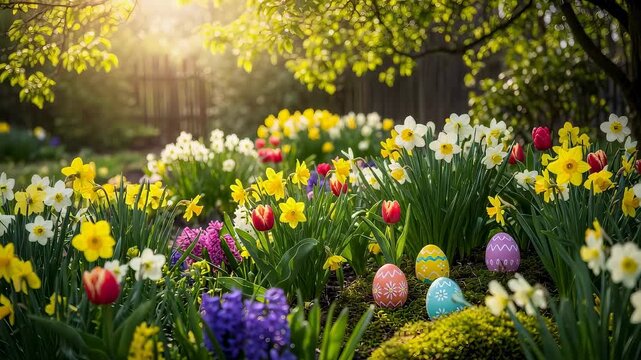 A vibrant spring garden with colorful Easter eggs nestled among blooming daffodils and tulips under dappled sunlight for generation dtd4.
