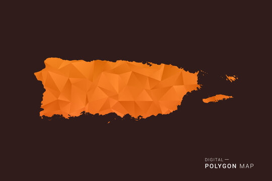 Puerto Rico Map - low poly polygon vector, geometric triangulated silhouette in orange and dark brown tones, clean modern infographic style, isolated background.