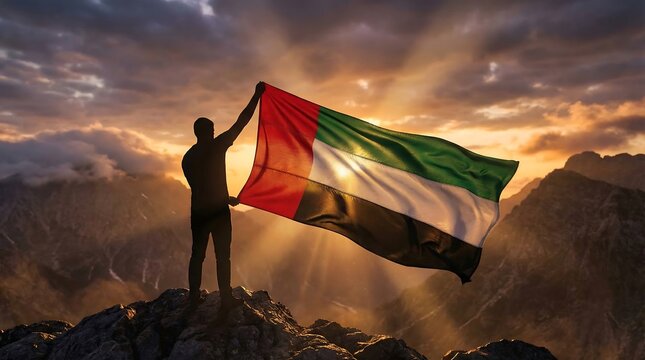 Man proudly waving Belize flag at sunset on mountain peak with dramatic sky and golden light