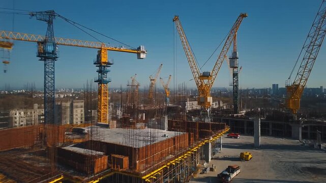 タワークレーンが林立する巨大な建設現場の上空をゆっくりと飛ぶシネマティックなドローン空撮