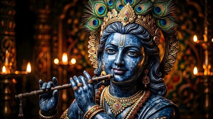 Obraz premium Krishna Statue Playing Flute in Mystic Forest Divine Light Aura
