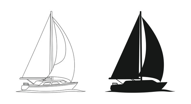 A minimalist depiction showcases two sailing yachts one outlined in white and the other as a solid black silhouette