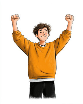 Triumphant Portrait of Joy: An illustration captures the essence of elation as a youthful figure, with arms triumphantly raised, embodies the spirit of unbridled joy.