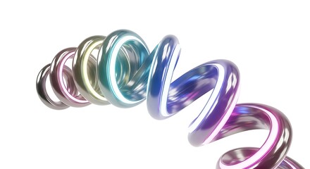 Naklejka premium Iridescent coiled spring with multicolored hues on white background