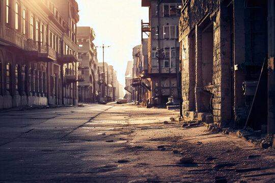 Strada deserta con edifici danneggiati, finestre rotte e detriti sul pavimento. Atmosfera di abbandono ideale per temi post‑apocalittici, urban decay, degrado urbano e scenari narrativi.
