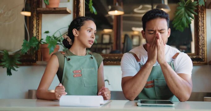 Business owner, stress and people in coffee shop, document or tablet to review financial audit. Frustrated, man or woman in cafe, tech or paperwork for stock order delay, debt or email for bankruptcy