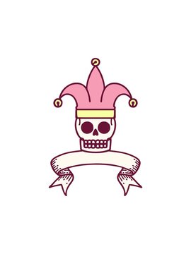 popping motion animation of traditional tattoo with banner of a skull jester in bright glow color