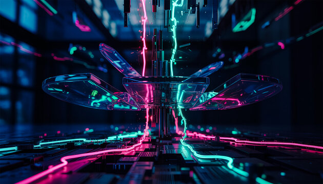 Bespoke 3D Metaverse Server Room with Magenta and Cyan Glow