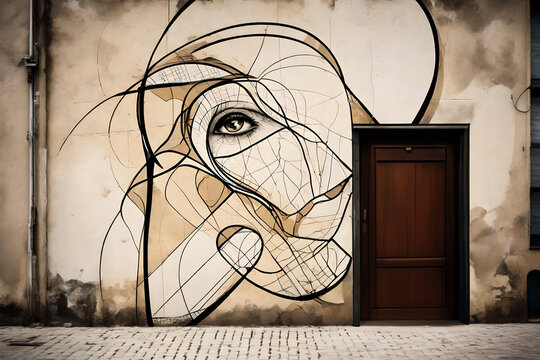 Murale su muro consumato con volto astratto, occhio realistico e porta integrata nella composizione. Ideale per temi street art, urban texture, creativit&agrave; e arte contemporanea.