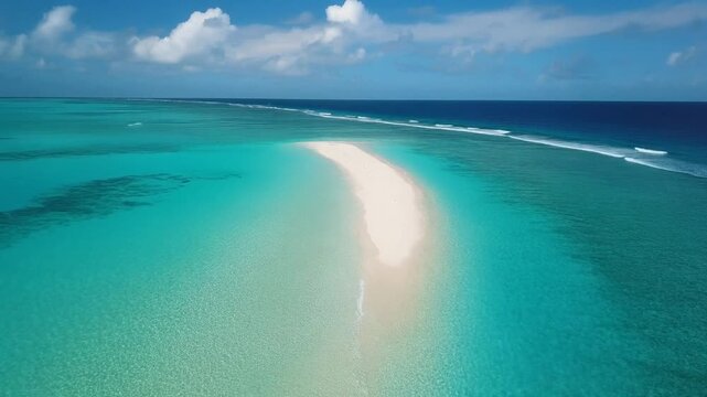 白い砂浜とターコイズブルーの熱帯の海岸線上を滑空するシネマティックなドローン空撮