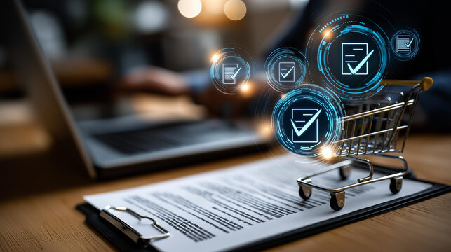 E-commerce purchase approval visualization with glowing shopping cart badge and verified document icons, procurement, billing compliance, order verification and secure