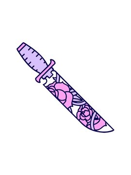 neon light effect animation of iconic tattoo style image of a dagger with flowers