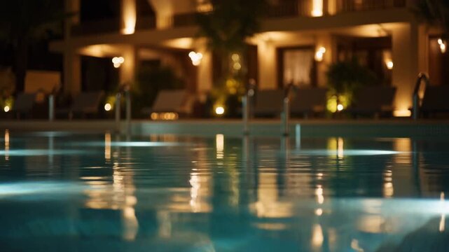 夜にエレガントな温かい光で照らされ水面が煌めく高級リゾートのプール