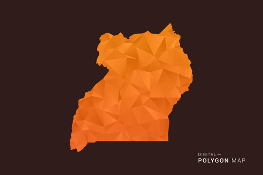 Uganda Map - low poly polygon vector, geometric triangulated silhouette in orange and dark brown tones, clean modern infographic style, isolated background.