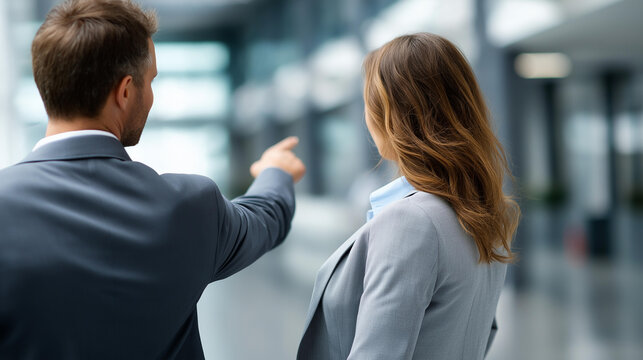 Faceless manager guiding a new hire through a modern office corridor during an onboarding tour, leadership, mentoring, workplace culture and career development concept, defocused