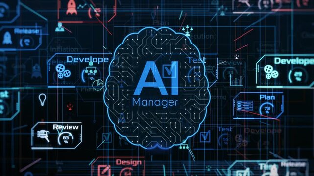 AI assistant for Agile project management, AI automation workflow, project life cycle, conceptual animation (3d render)