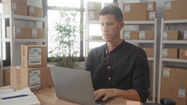 Man typing on laptop beside stacked parcels with priority mail labels and open notebook in building office; small business focus.