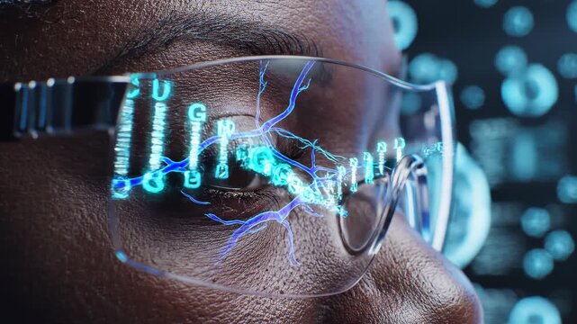 Future technology glasses with neon data overlay.