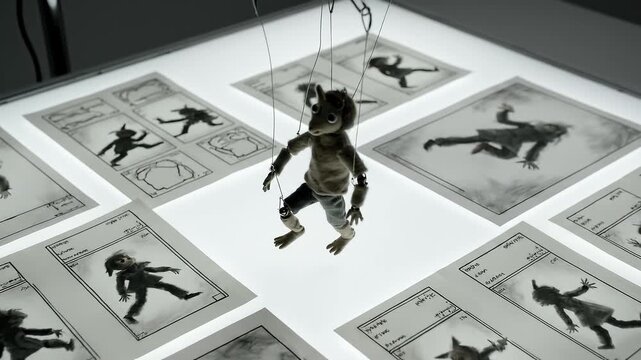 Marionette puppet suspended over comic book pages on light table