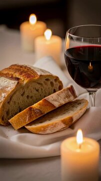 Freshly baked bread loaf and slices by candlelight with red wine, symbolizing communion and peaceful evening ritual. Vertical video
