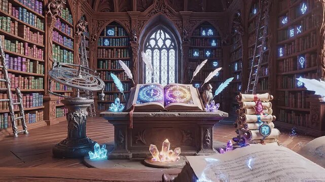 Magical writing in ancient library with glowing quill