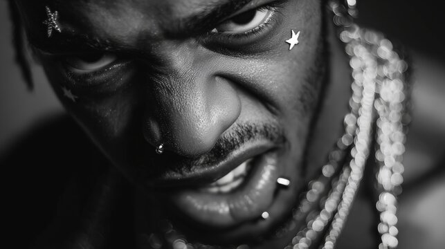black white portrait dark skin man piercing fashion editorial dramatic lighting