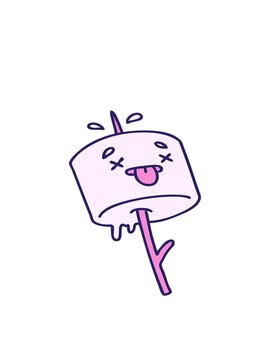 bobbing motion animation of cartoon marshmallow impaled on a campfire stick